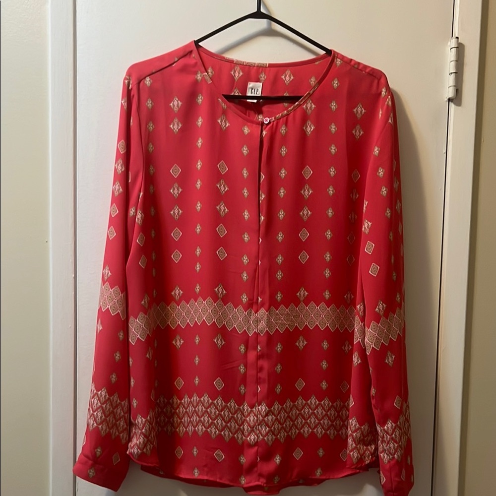 GAP Red and Gold Buttoned Blouse with Mandarin Collar
